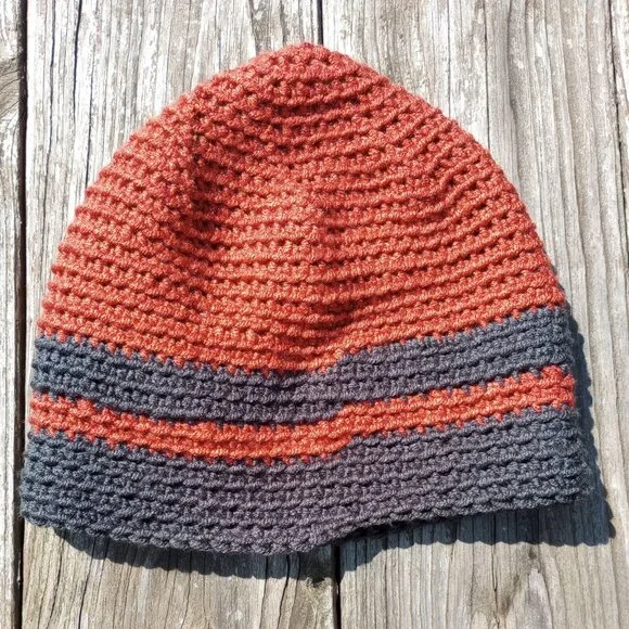 Men's Beanie Hat Handmade Rust Orange Gray Crochet Boating Hiking Outdoors Sz M - Picture 7 of 9